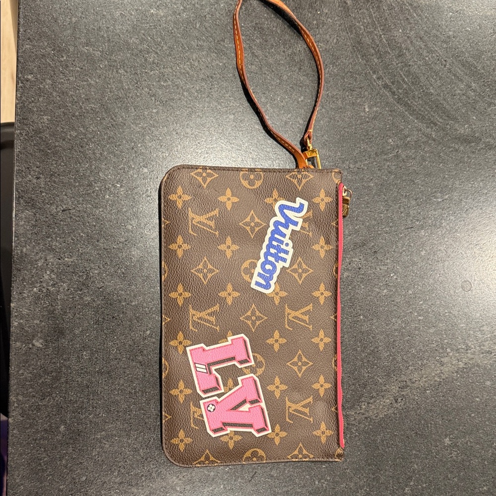 Louis Vuitton Brown Monogram Pouch with Pink and Blue Accents